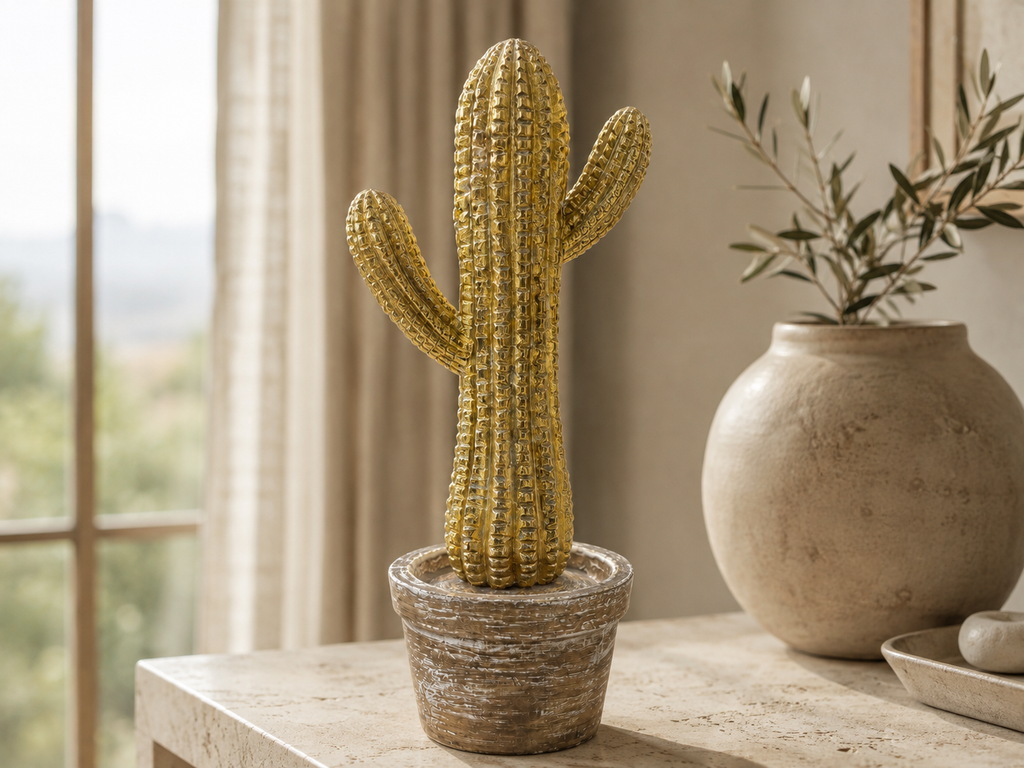 Desert Gleam gold-toned cactus decorative sculpture styled on a console