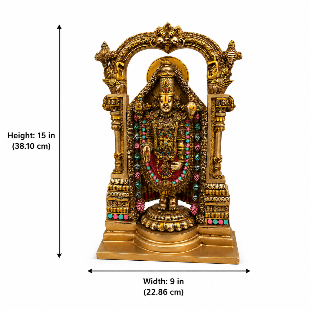 Tirupati Balaji idol dimensions showing 15 inches high by 9 inches wide, 38.10 by 22.86 cm