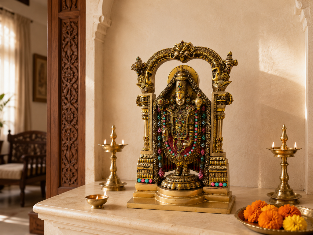 Tirupati Balaji idol displayed in a warm home mandir setting with lamps and marigolds