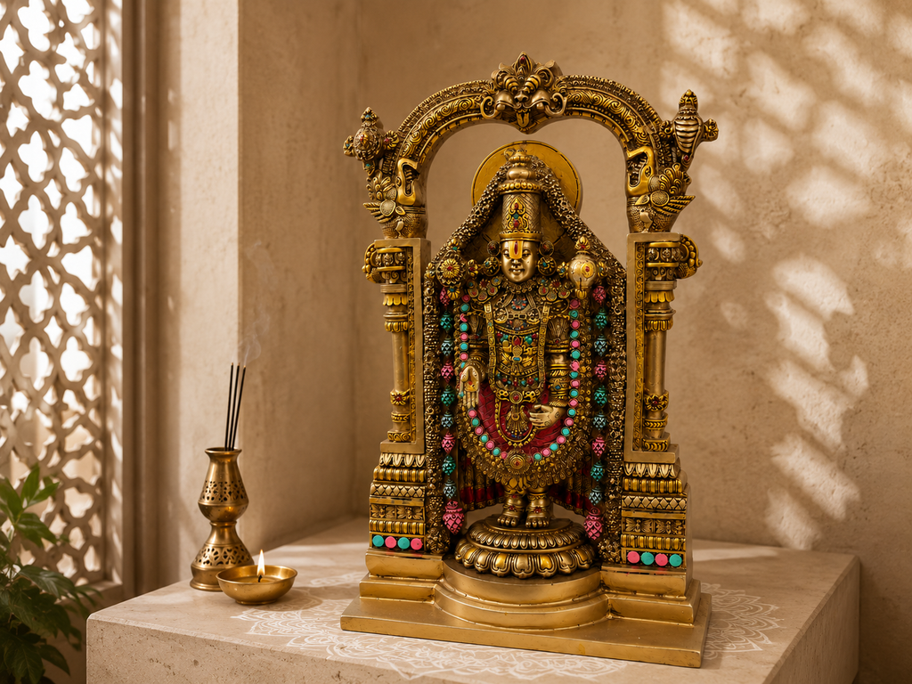Tirupati Balaji idol displayed in a sunlit stone shrine with incense and a diya