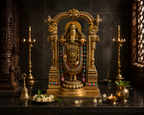 Tirupati Balaji idol beneath a decorated arch in a dark shrine setting with glowing lamps and flowers