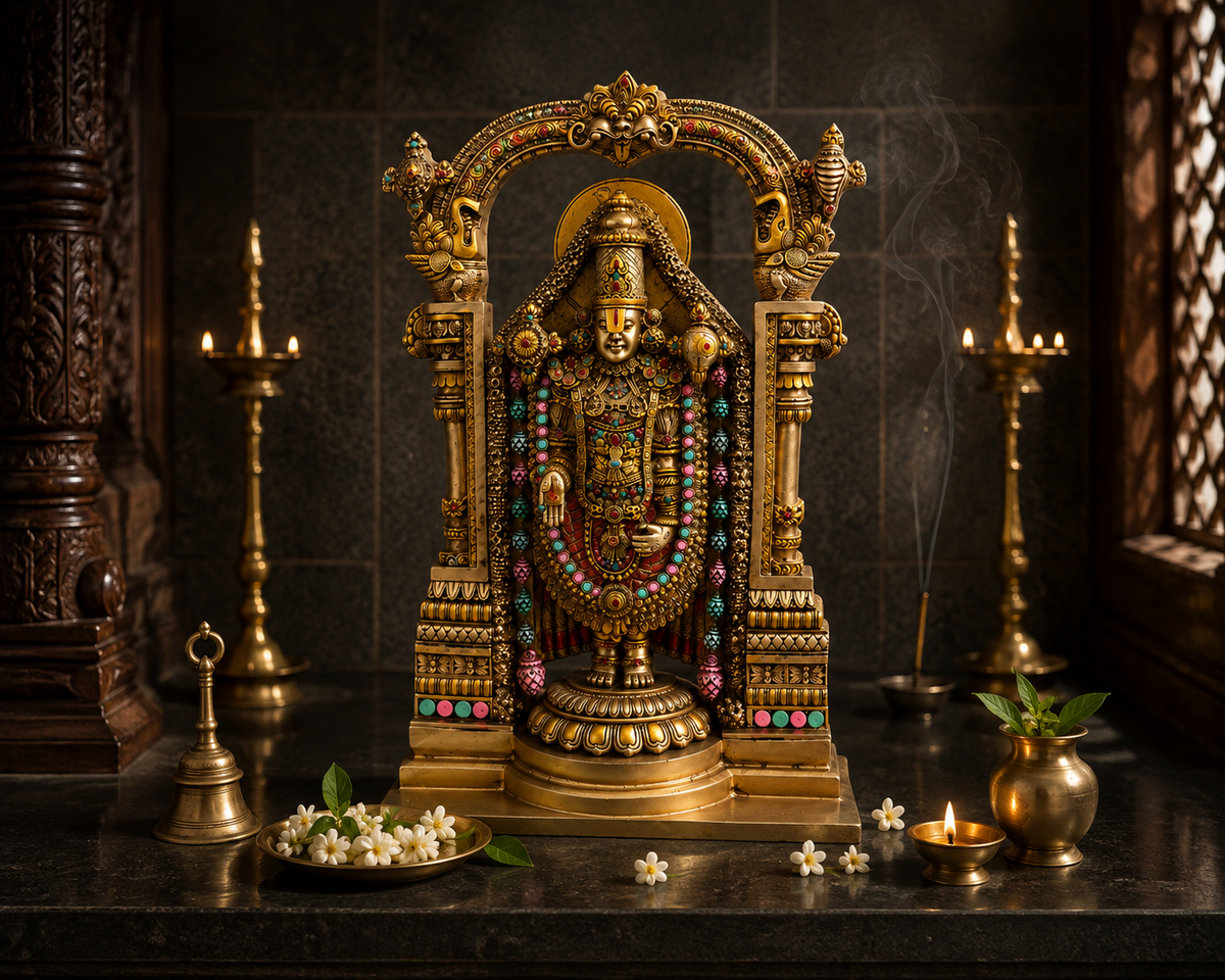 Tirupati Balaji idol beneath a decorated arch in a dark shrine setting with glowing lamps and flowers