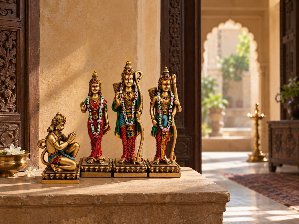 Ram Darbar idol set displayed on a warm stone altar beside a carved wooden doorway
