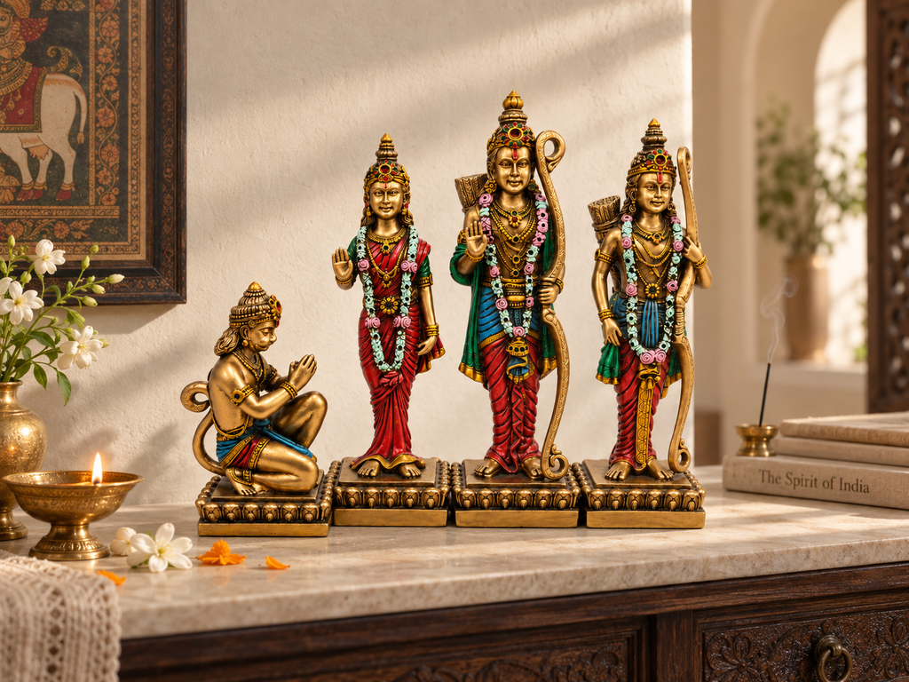 Ram Darbar idol set arranged with flowers, a lamp and incense in a warm devotional display