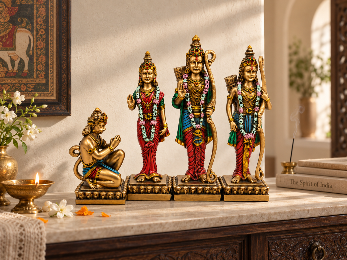 Ram Darbar idol set arranged with flowers, a lamp and incense in a warm devotional display