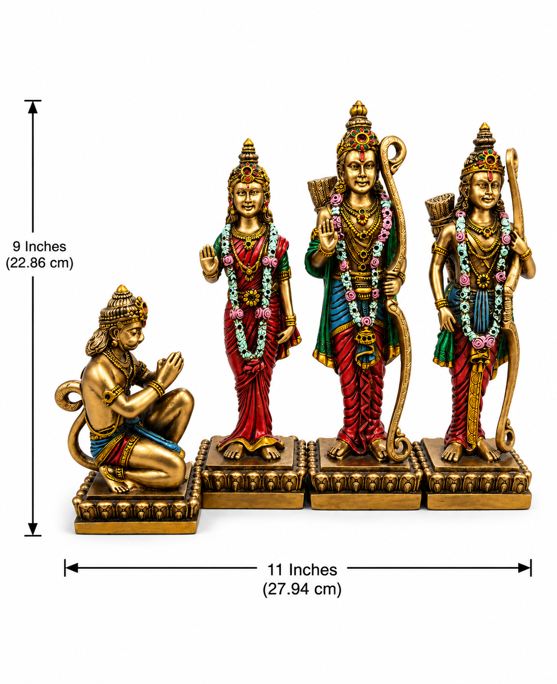 Ram Darbar set dimension image showing the pictured arrangement at 9 inches high and 11 inches wide, 22.86 by 27.94 cm