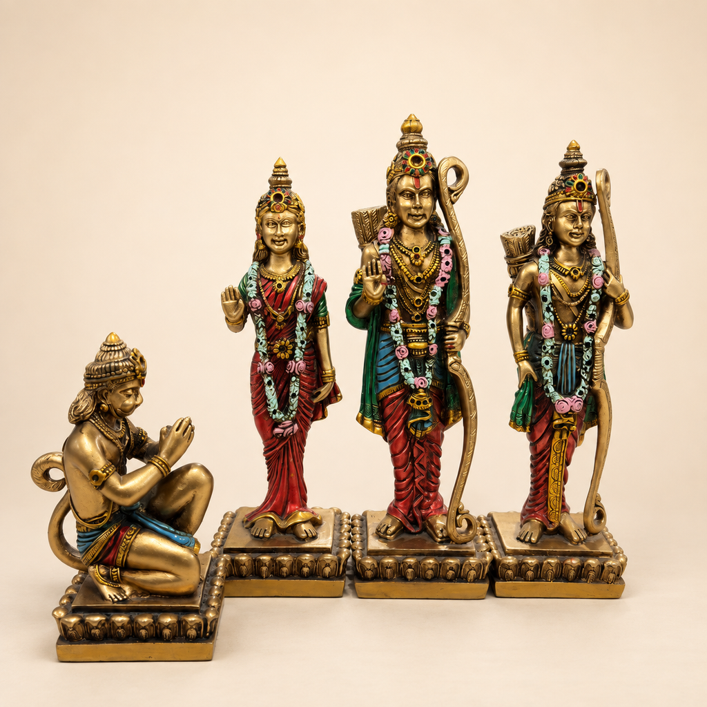 Ram Darbar set with Rama, Sita, Lakshman and kneeling Hanuman in a gold-tone finish with multicoloured details, front view
