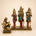 Ram Darbar set with Rama, Sita, Lakshman and kneeling Hanuman in a gold-tone finish with multicoloured details, front view