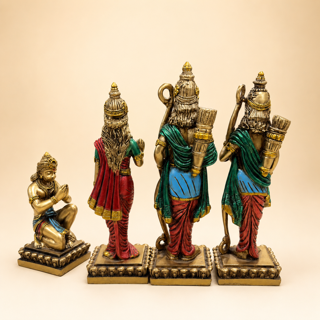 Rear view of the Ram Darbar idol set showing the decorated garments, quivers and individual pedestals