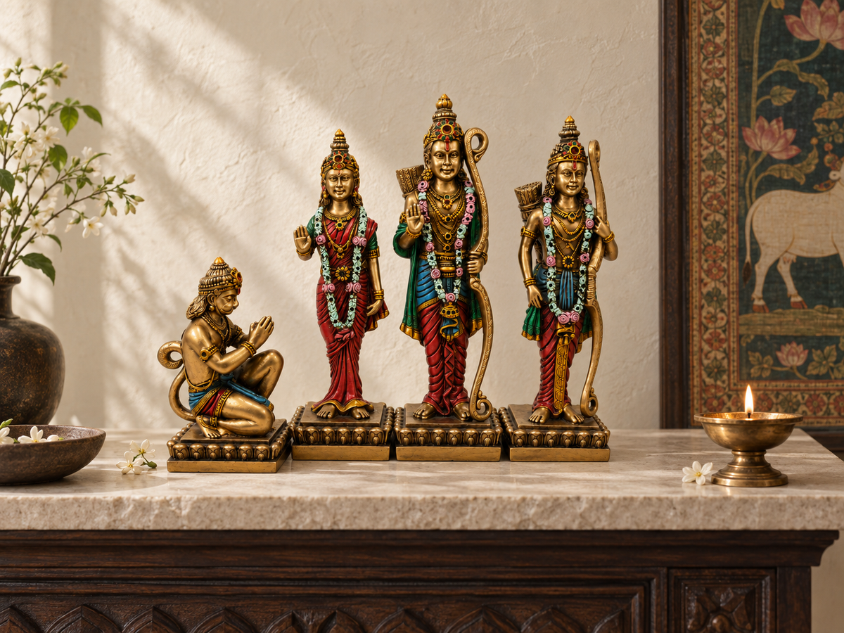 Ram Darbar idol set on a sunlit console beside white flowers and a lit lamp