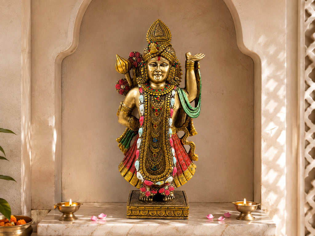Divine Grace Shrinathji idol in a light arched prayer alcove with lamps and pink petals