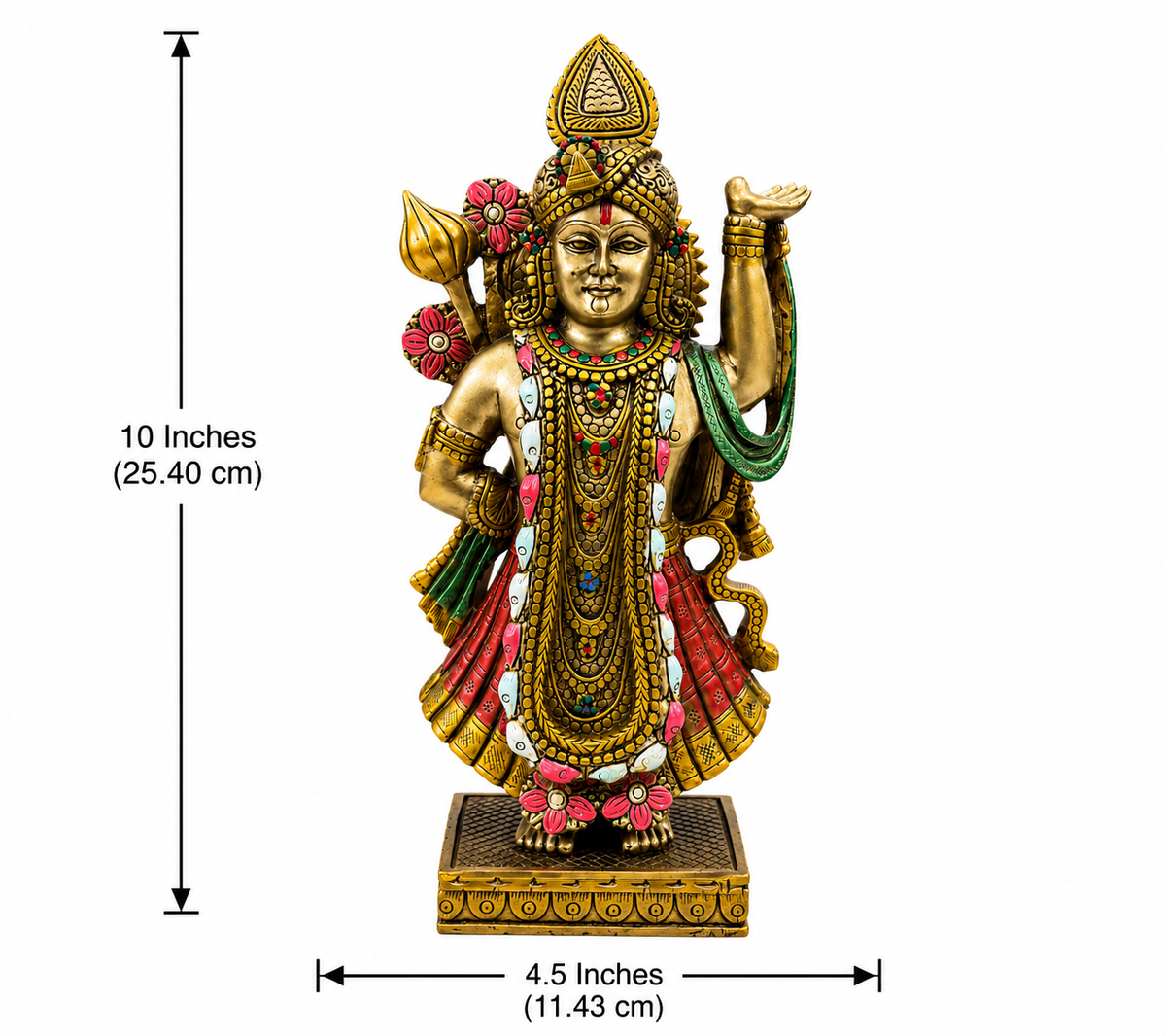 Shrinathji idol dimension image showing 10 inches in height and 4.5 inches in width, 25.40 by 11.43 cm