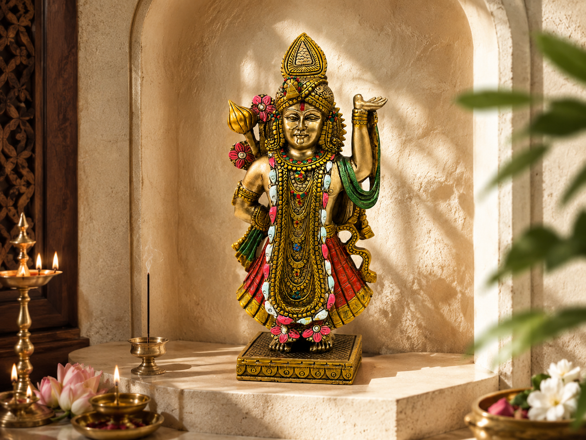 Divine Grace Shrinathji idol in a sunlit stone niche with lamps, incense and flowers