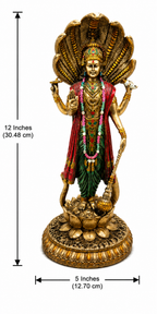 Standing Vishnu idol dimensions showing 12 inches high by 5 inches wide, 30.48 by 12.70 cm