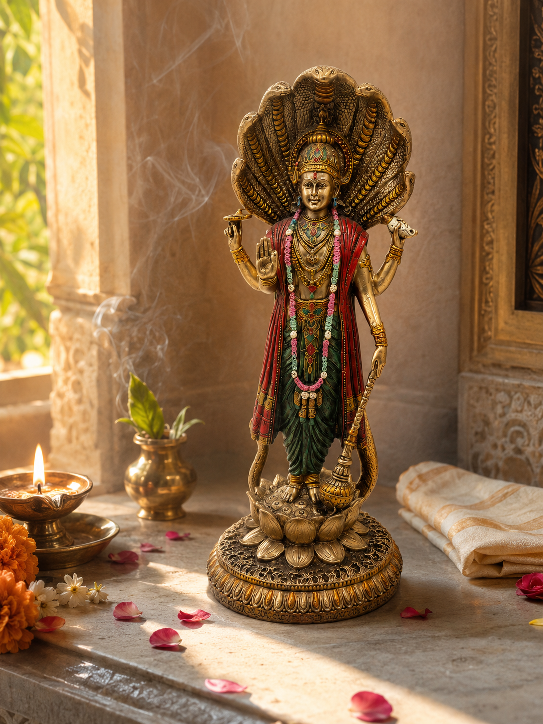 Standing Vishnu idol on a lotus pedestal in a warm prayer setting with lamps, incense and flowers