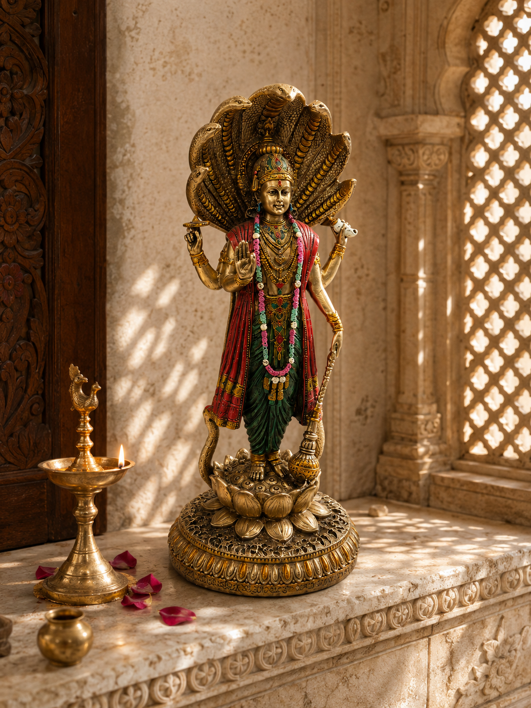 Vishnu idol beneath a serpent canopy displayed in a carved shrine setting beside a diya and flower petals