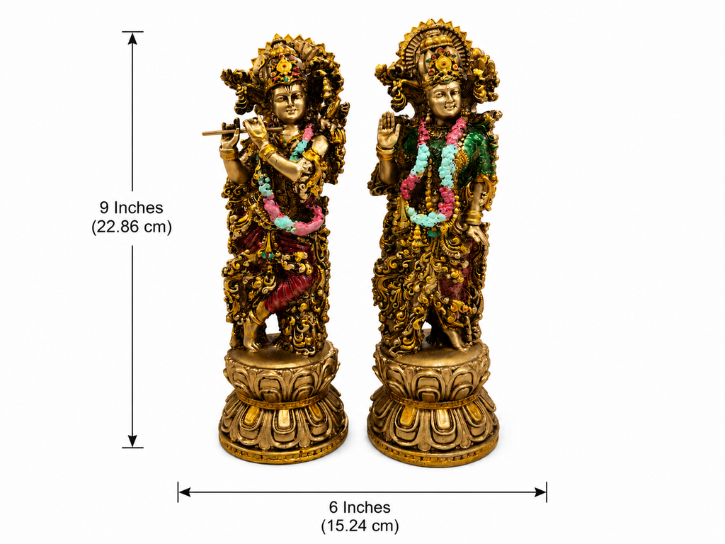 Size image showing Radha–Krishna idols at 9 inches high and 6 inches across the pair, 22.86 by 15.24 cm