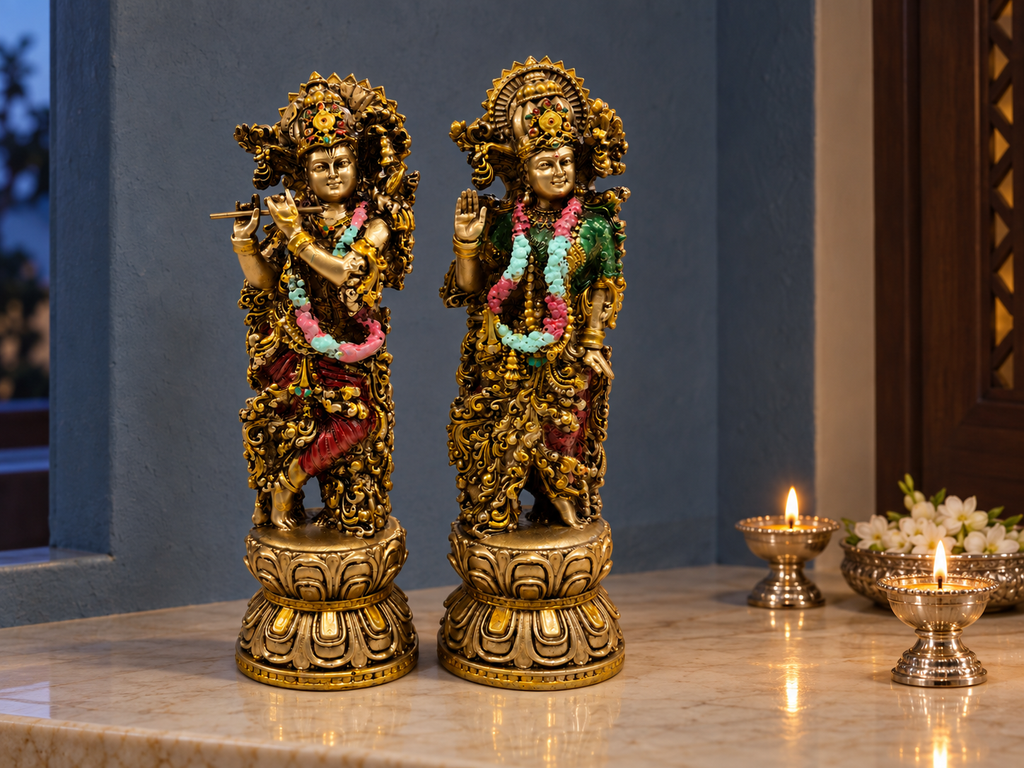 Divine Harmony Radha–Krishna pair on a marble altar beside lit diyas