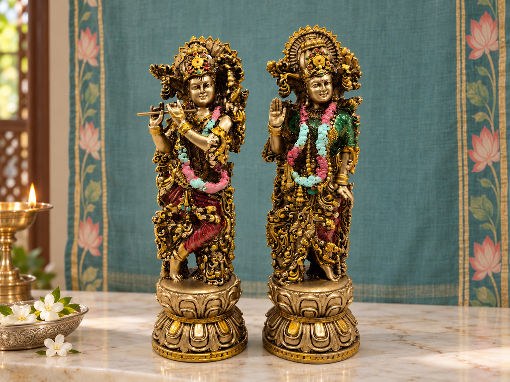 Radha–Krishna idol pair styled on a marble altar against a teal floral backdrop