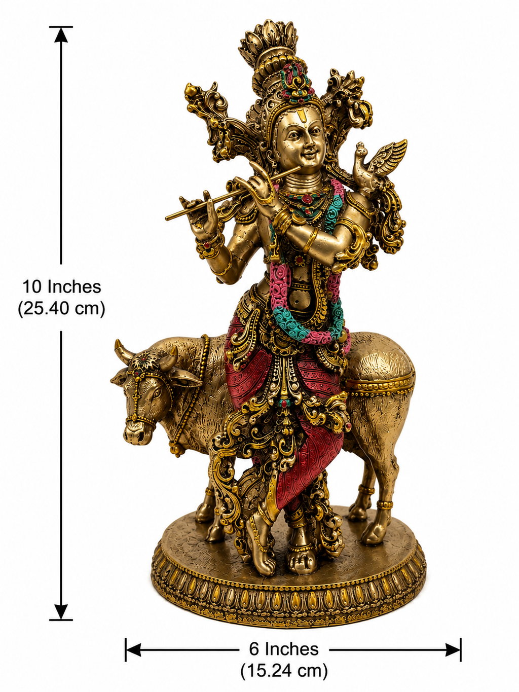 Krishna and cow idol dimensions showing 10 inches high by 6 inches wide, 25.40 by 15.24 cm