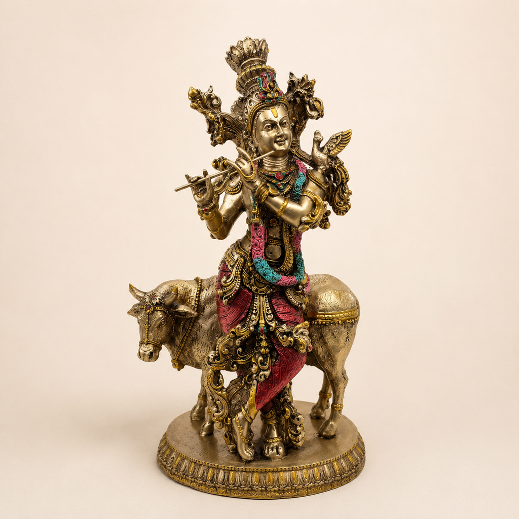 Krishna idol playing a flute beside a cow, with gold-tone finish, red clothing and a pink and turquoise garland, front view