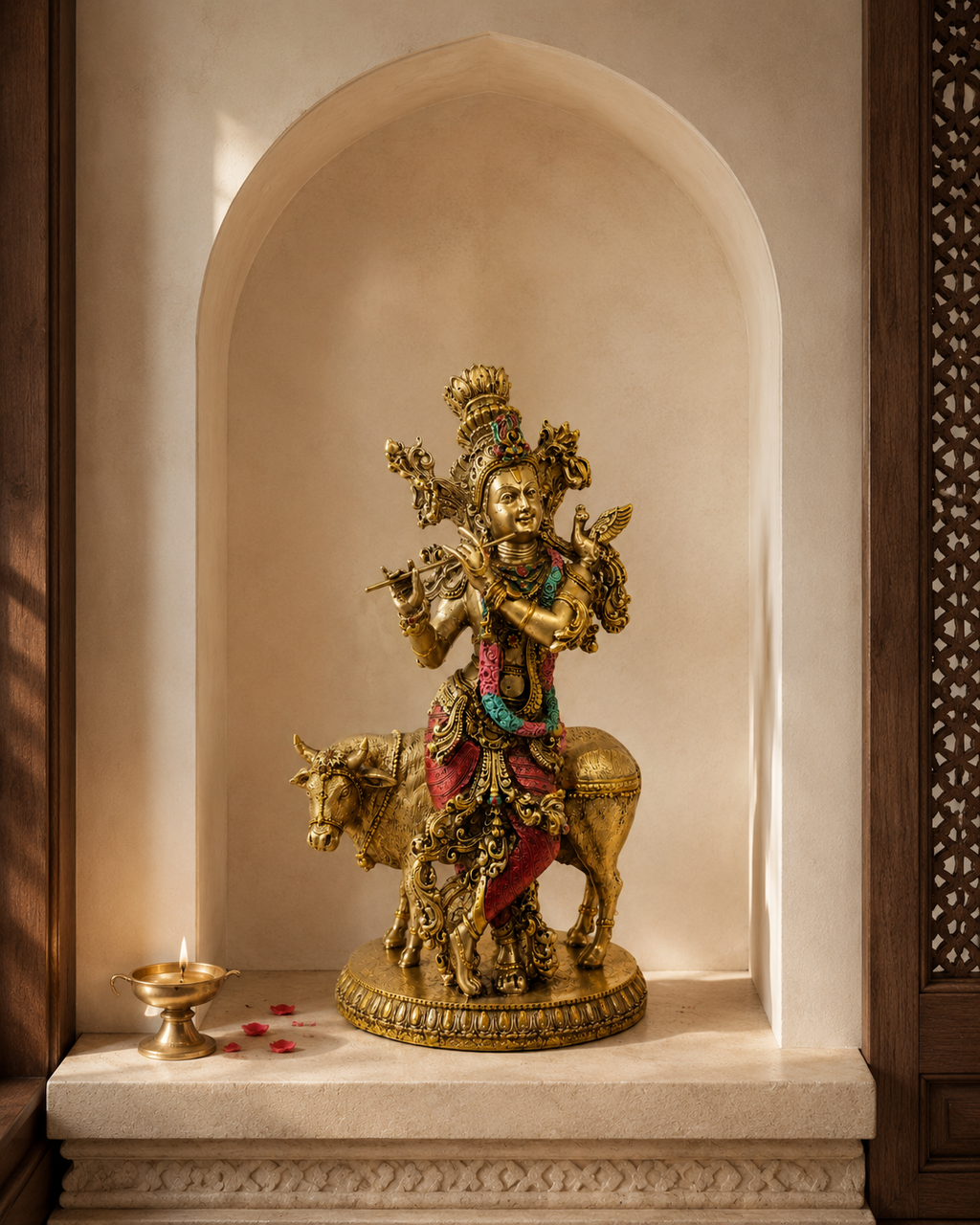 Krishna idol playing a flute beside a cow in an arched prayer niche with a diya and flower petals