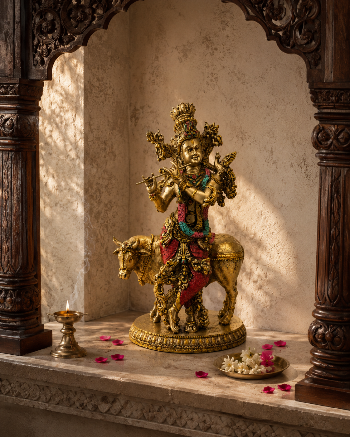 Krishna idol with cow displayed in a carved shrine setting with a diya and flower offerings