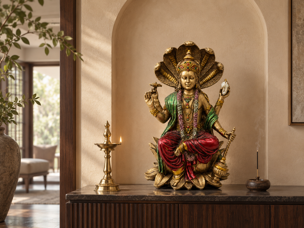 Vishnu idol with Sheshnag on a dark stone console beside a lit lamp and incense