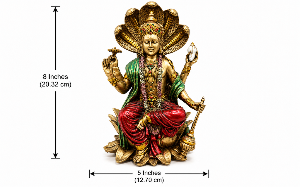 Vishnu idol dimension image showing 8 inches in height and 5 inches in width, 20.32 by 12.70 cm