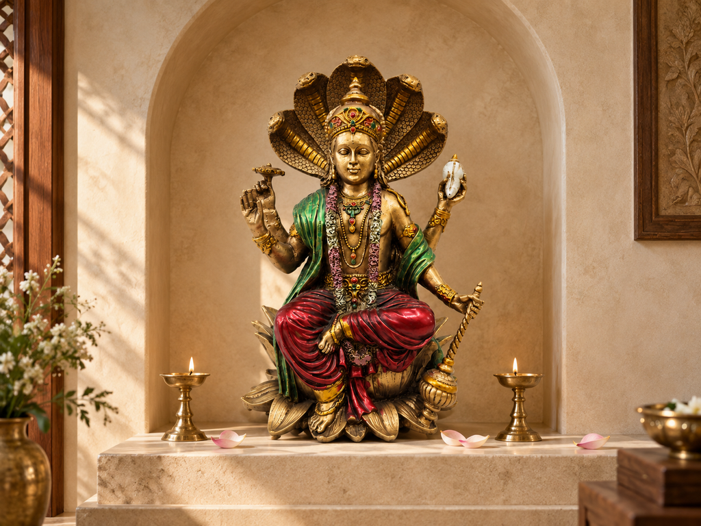 Vishnu idol with Sheshnag arranged in a warm prayer alcove with two lamps and flower petals