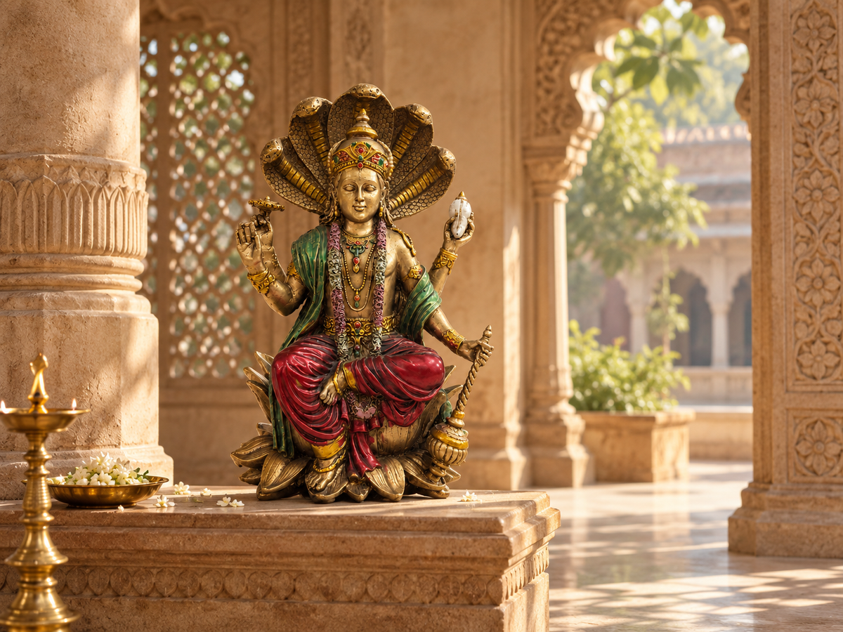 Vishnu idol with Sheshnag displayed on a carved stone altar in a sunlit courtyard