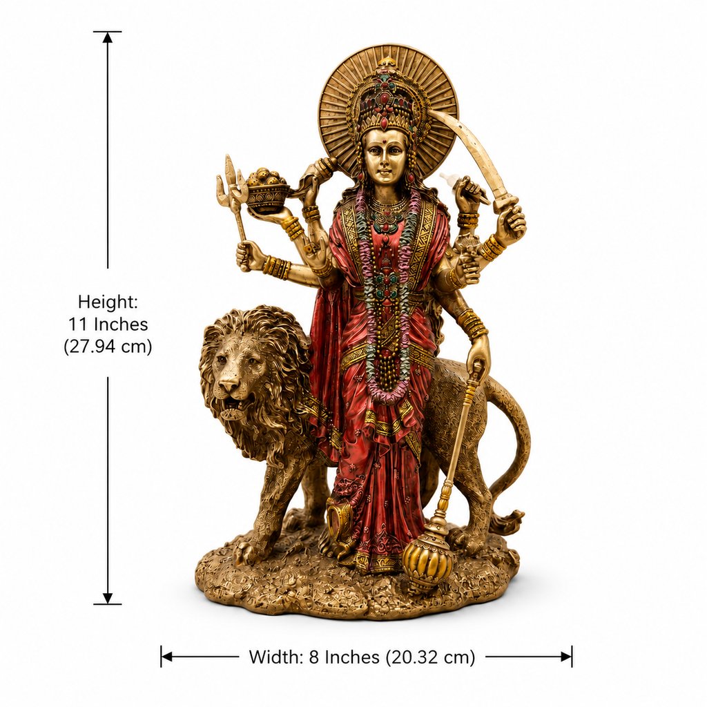 Durga idol dimension image showing 11 inches in height and 8 inches in width, 27.94 by 20.32 cm
