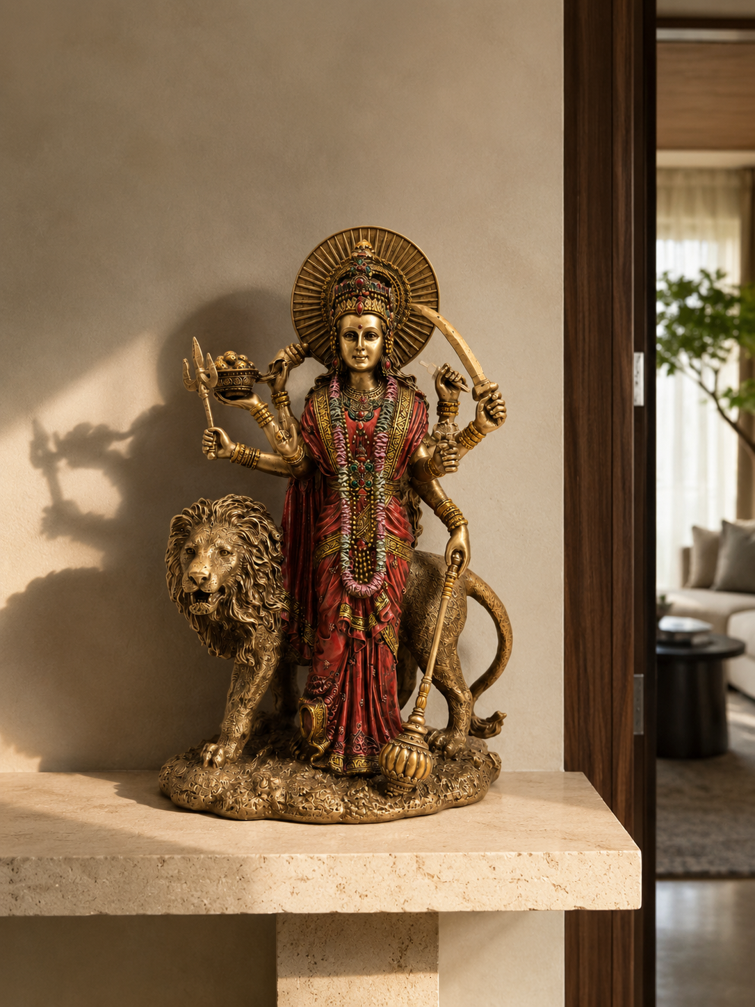 Divine Shakti Durga idol and lion on a light stone console in sunlight