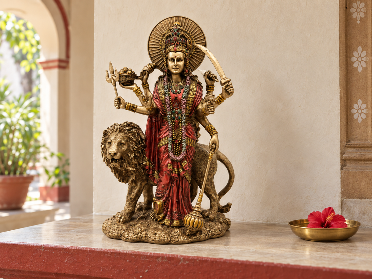 Durga idol and lion displayed on a sunlit altar beside a bowl with a red flower