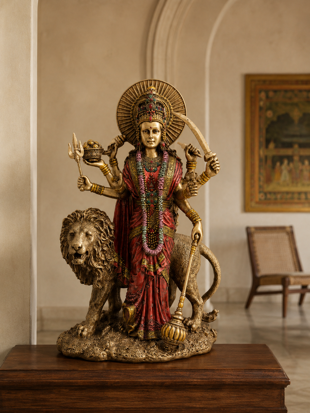 Durga idol with lion displayed on a wooden console in a warm home interior
