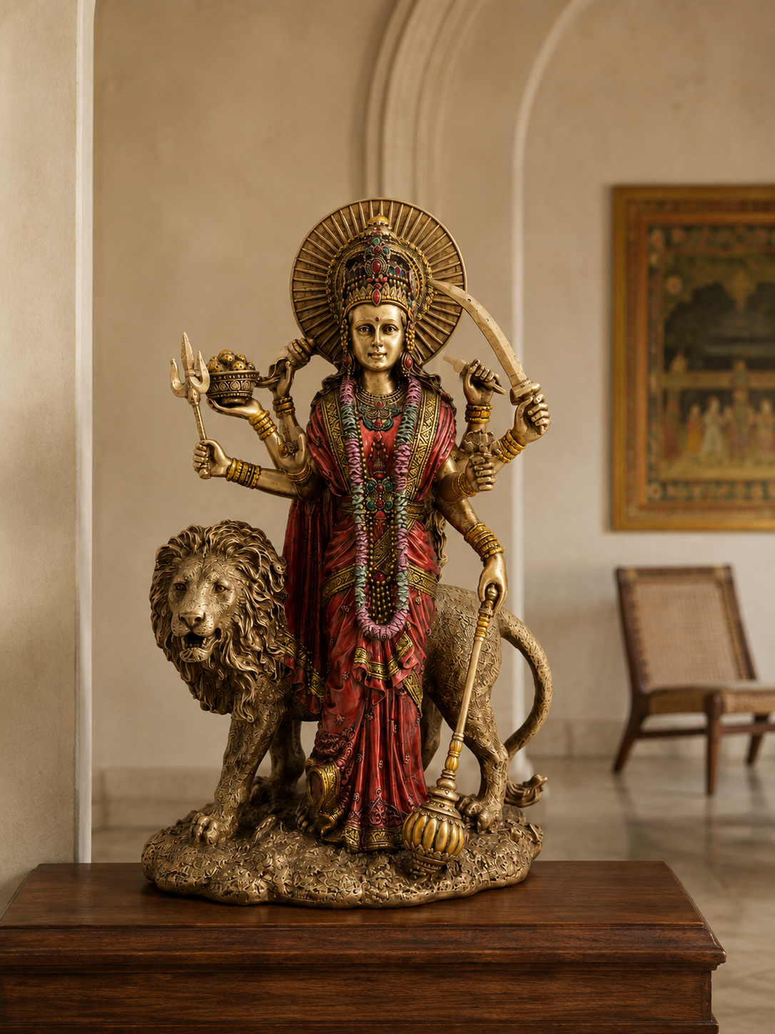 Durga idol with lion displayed on a wooden console in a warm home interior