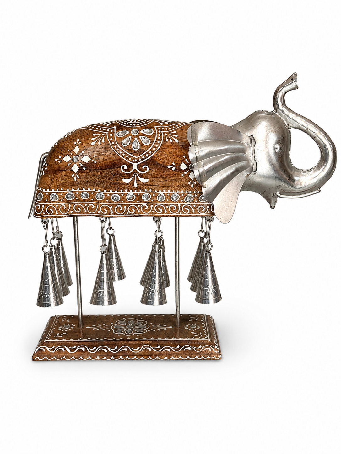 Front angled view of elephant table sculpture with hanging silver-toned bells