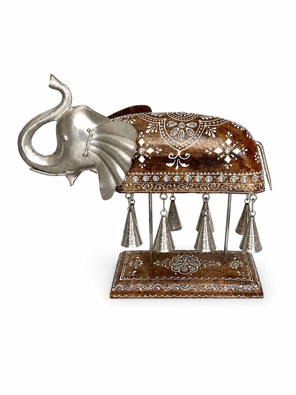 Left-facing view of brown and silver elephant sculpture with hanging bells