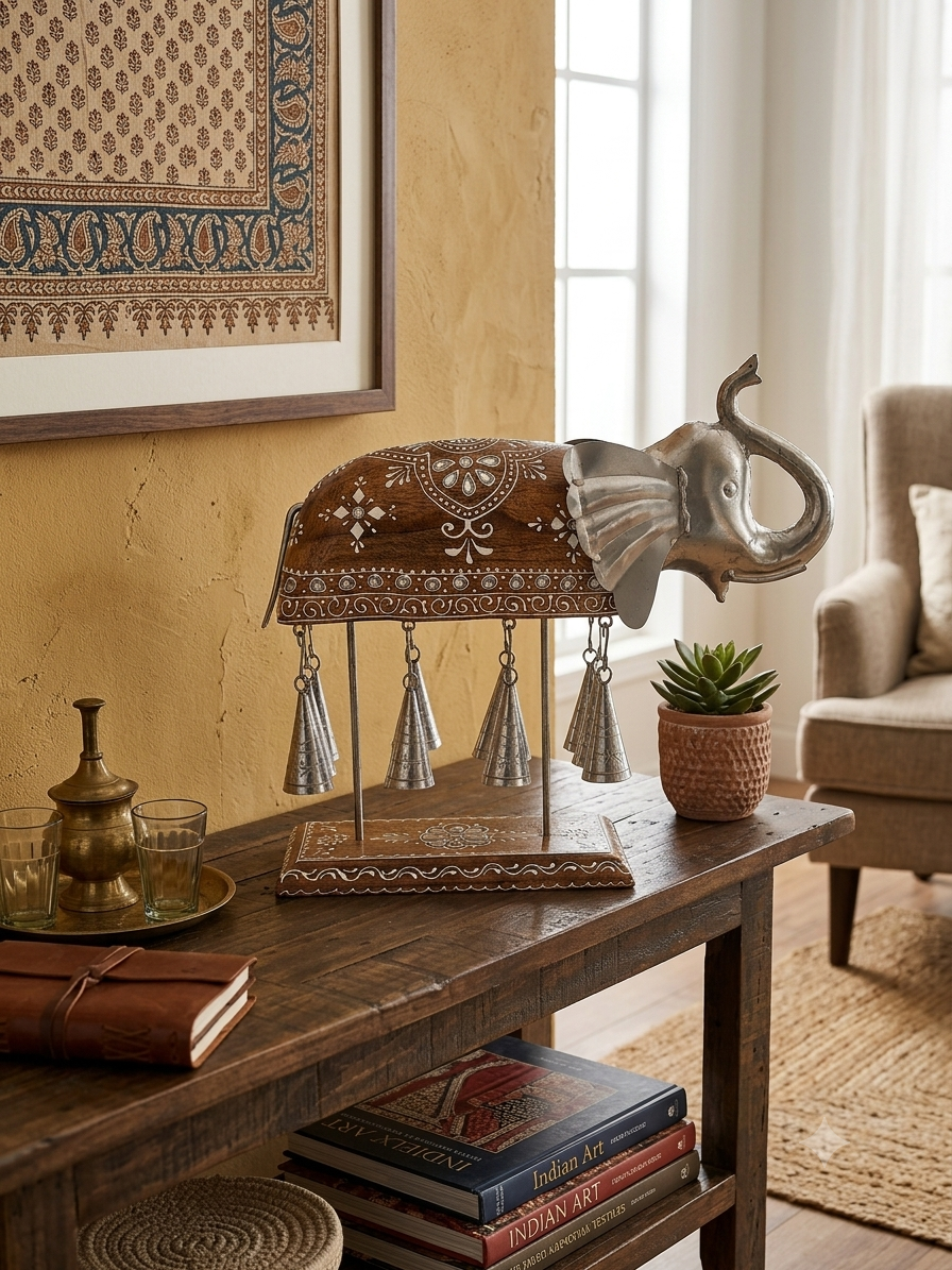Elephant bell chime table sculpture displayed in a warm home interior