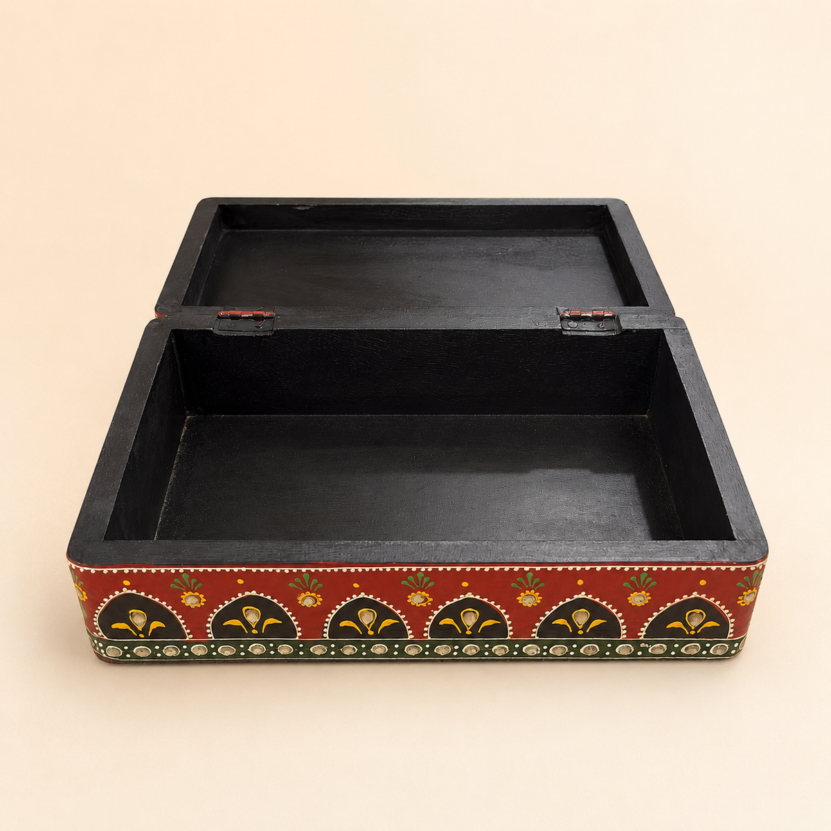 Emerald Darbar keepsake box with hinged lid open, showing the black interior and storage compartment