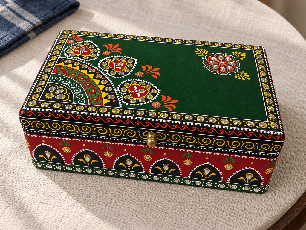 Overhead angled view of Emerald Darbar keepsake box on a pale fabric surface