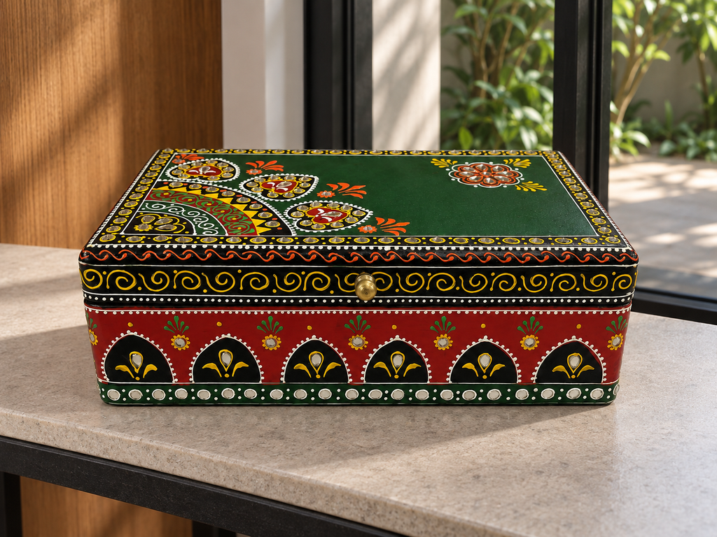 Emerald Darbar keepsake box displayed on a stone console beside a window