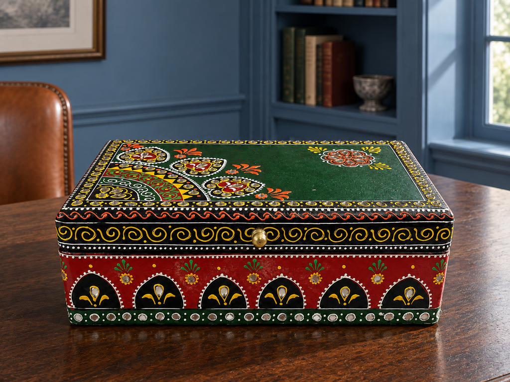 Emerald Darbar keepsake box displayed on a wooden desk in a blue study