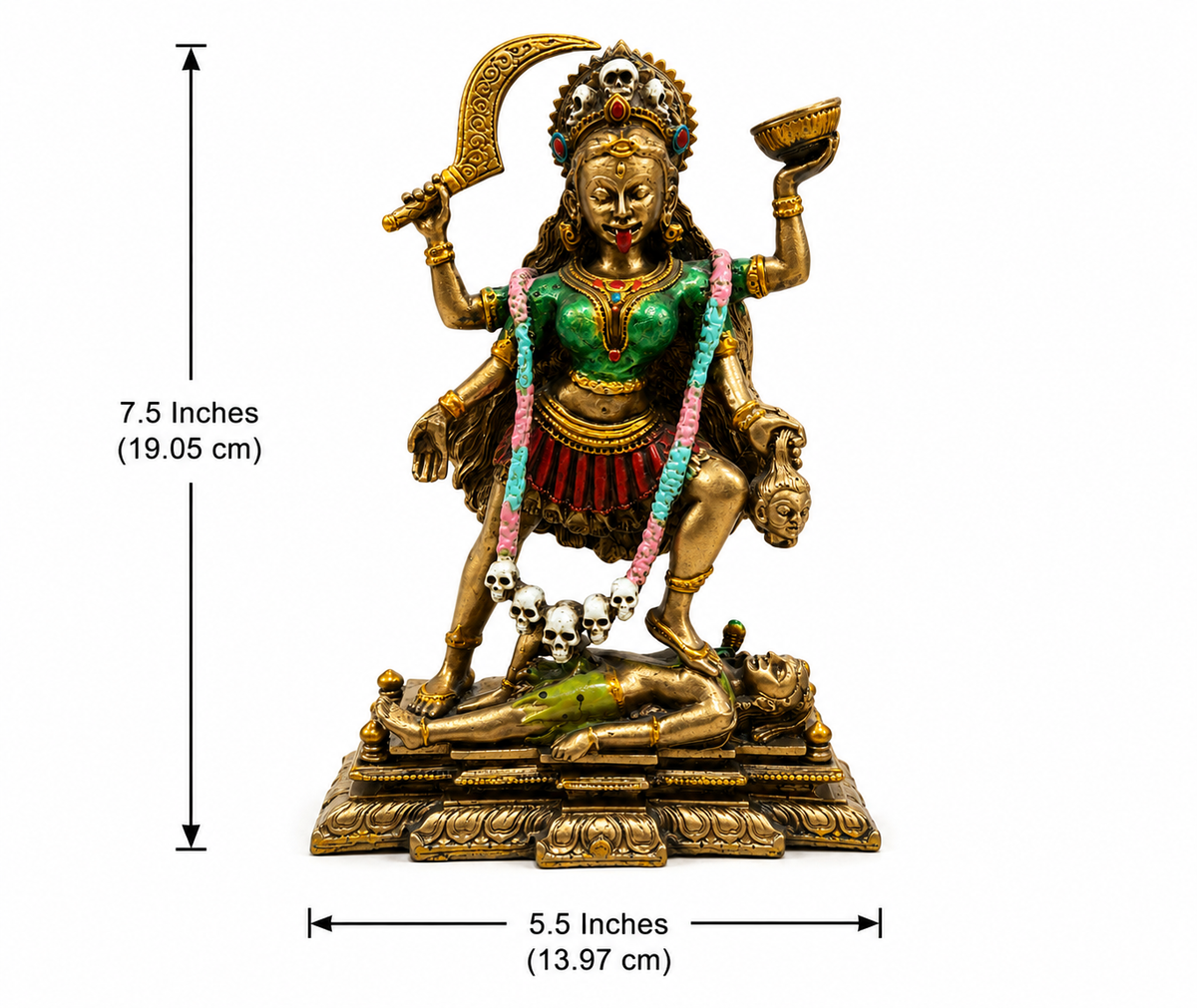 Maa Kali idol dimension image showing 7.5 inches in height and 5.5 inches in width, 19.05 by 13.97 cm
