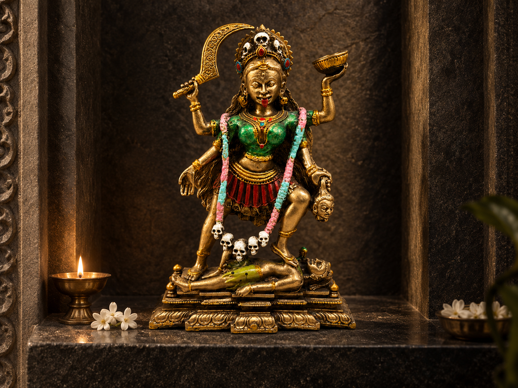 Maa Kali idol displayed in a dark stone shrine beside a lamp and white flowers