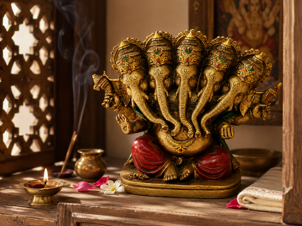 Five-faced Ganesha idol in a warm prayer setting with a diya, incense, flowers and folded fabric