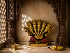 Panchmukhi Ganesha idol displayed in a carved shrine setting beside a diya and a plate of flowers