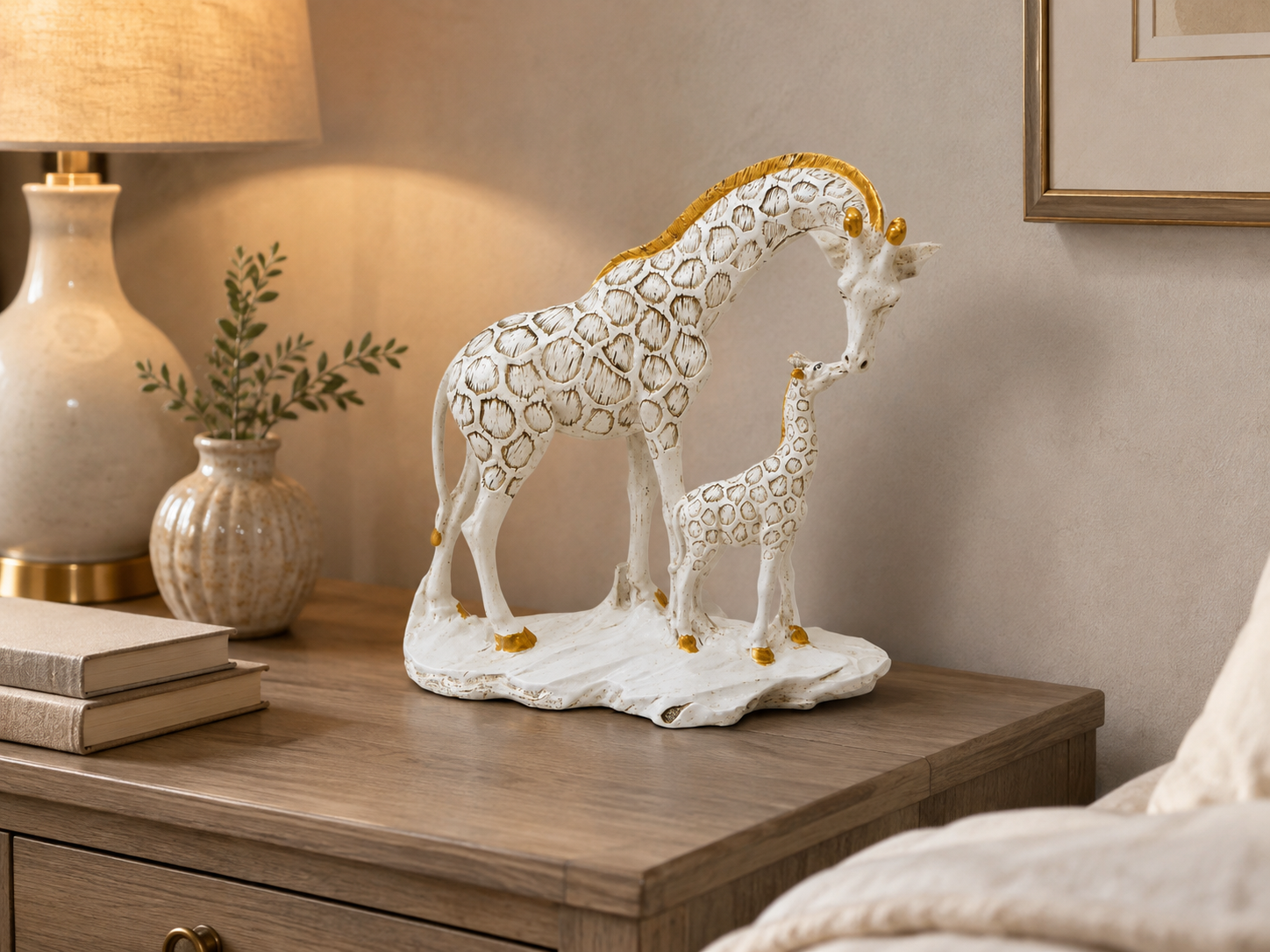 White and gold giraffe pair sculpture styled on a bedroom console