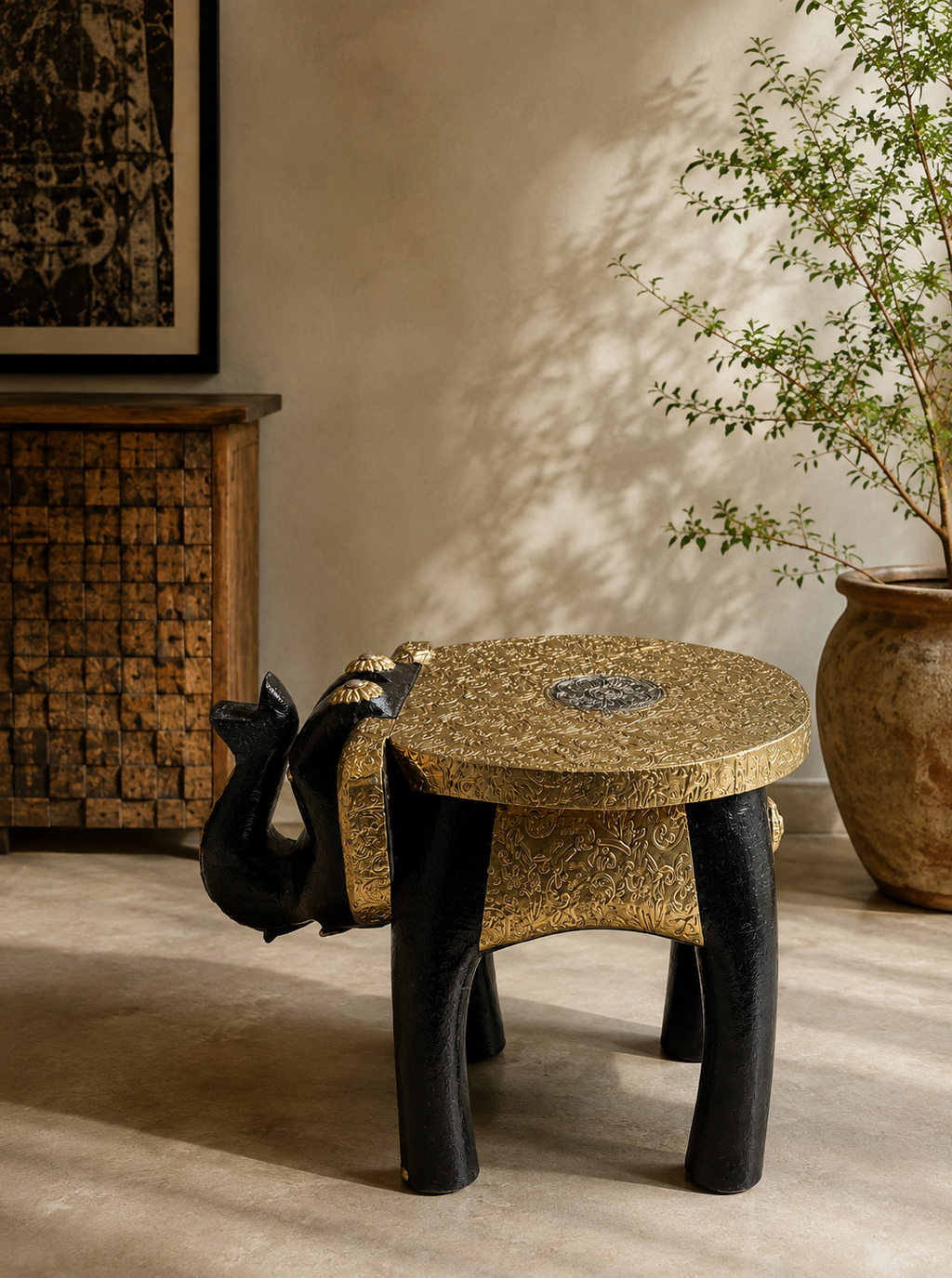 Gilded Elephant Mini Decorative Stool styled in a warm interior