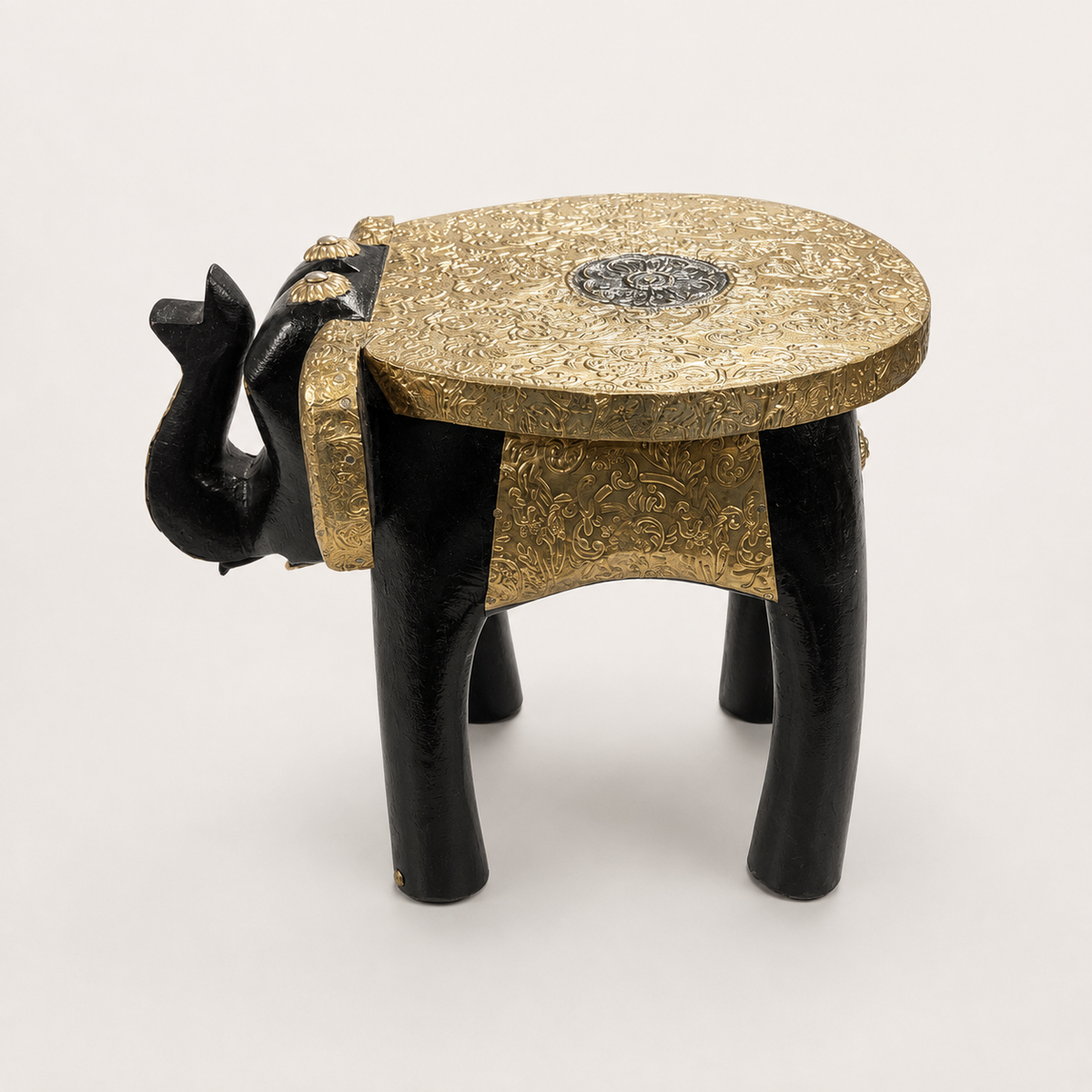 Side view of the black-and-gold Gilded Elephant Mini Decorative Stool